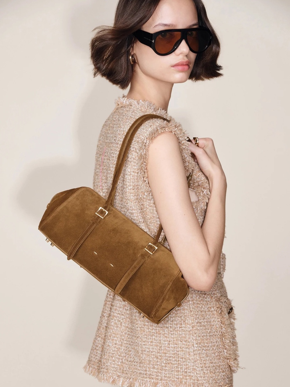 NWT FABRIQUE Monti East West Bag Shoulder Bag in Suede Calfskin